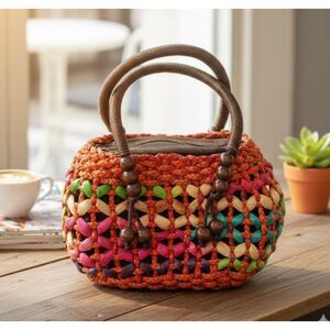 Vintage Boho Handmade Woven Bag Multicolor Wood Beads Small Tote